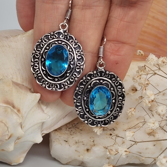 Natural Blue Quartz Stones Silver 925 Earrings - Picture 5 of 5